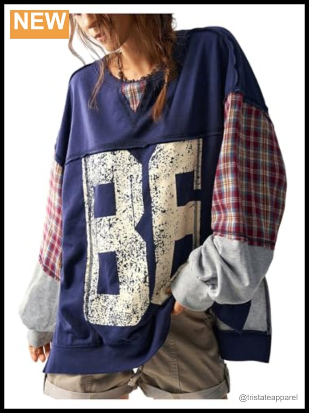 Women's Number Graphic Plaid Patchwork Sweatshirt Loose Long Sleeve Crew Neck